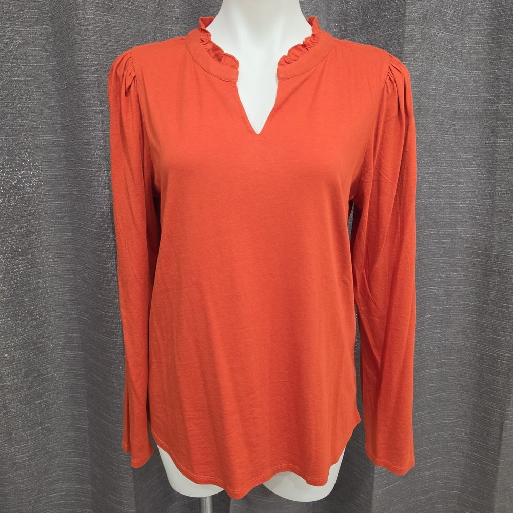 Chicos Tunic Top Womens Size 1 Med Orange Ruffle V Neck Long Sleeve Blouse Soft‎